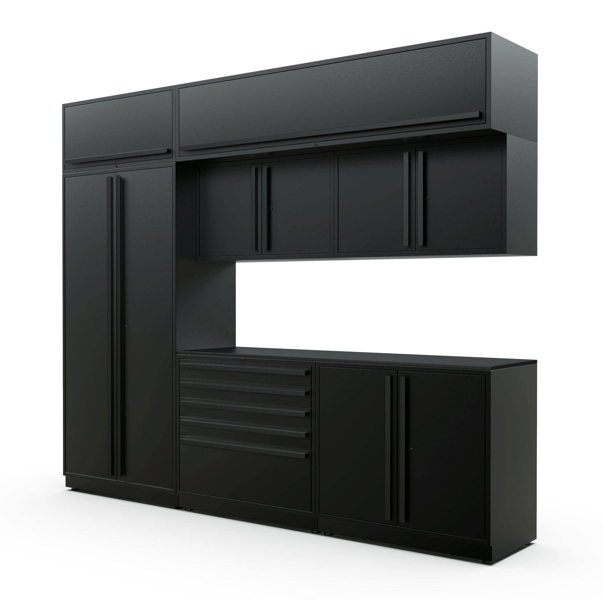 Proslat FusionPlus 10 ft MAX cabinet set with overheads in Black with Black handles and a Powder Coated worktop