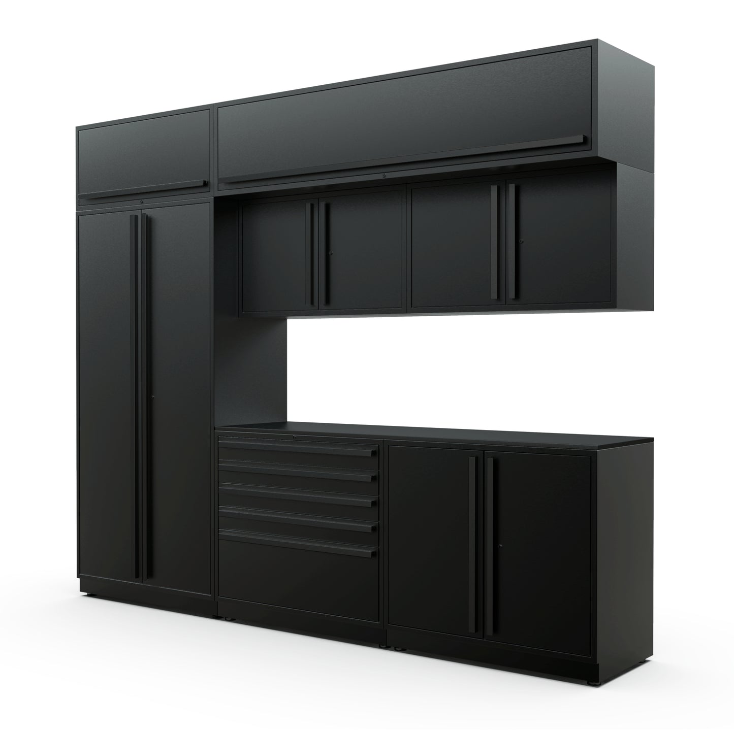 Proslat FusionPlus 10 ft MAX cabinet set with overheads in Black with Black handles and a Powder Coated worktop