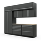Proslat FusionPlus 10 ft TOOL cabinet set with overheads in Traffic Gray with Silver handles and a Maple Wood worktop