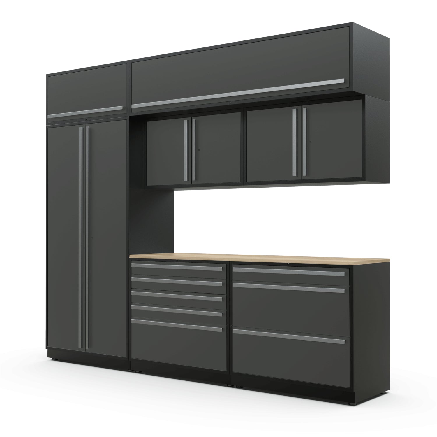 Proslat FusionPlus 10 ft TOOL cabinet set with overheads in Traffic Gray with Silver handles and a Maple Wood worktop