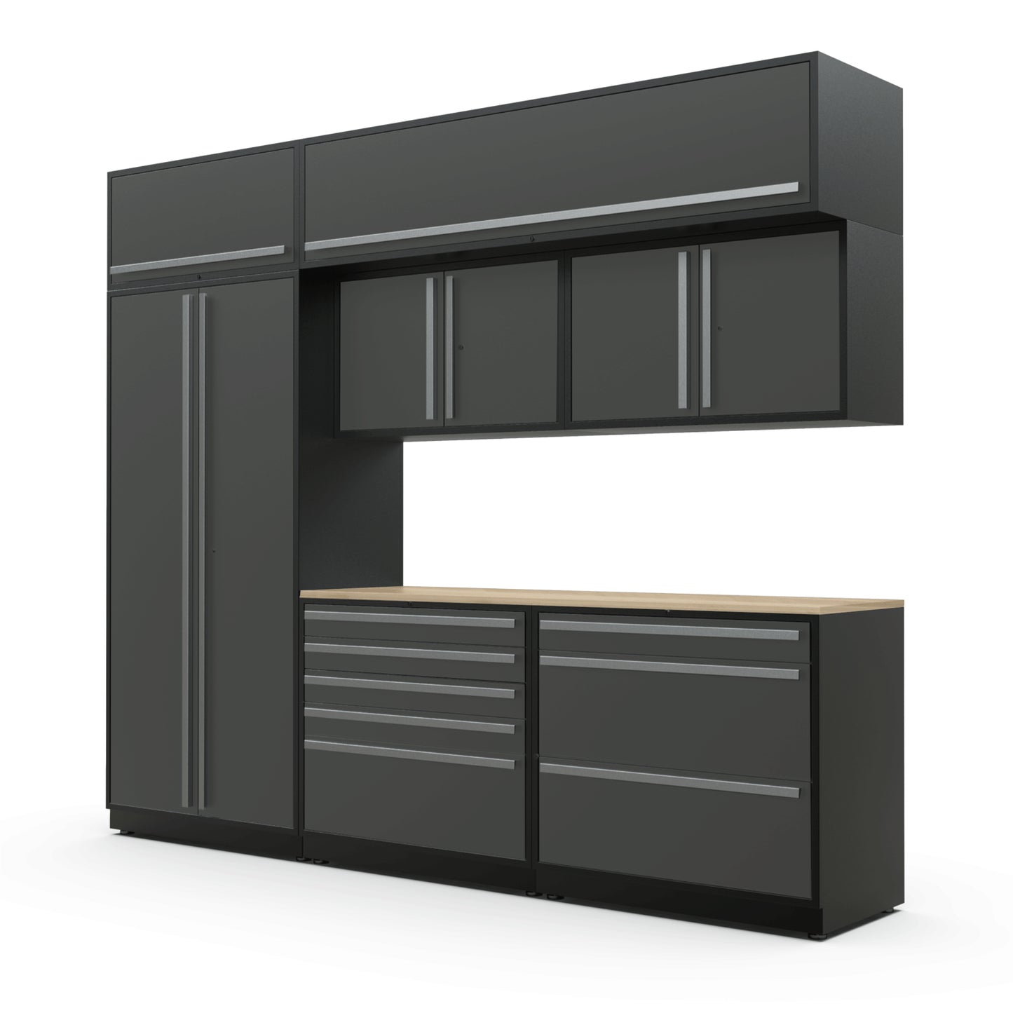 Proslat FusionPlus 10 ft TOOL cabinet set with overheads in Traffic Gray with Silver handles and a Maple Wood worktop
