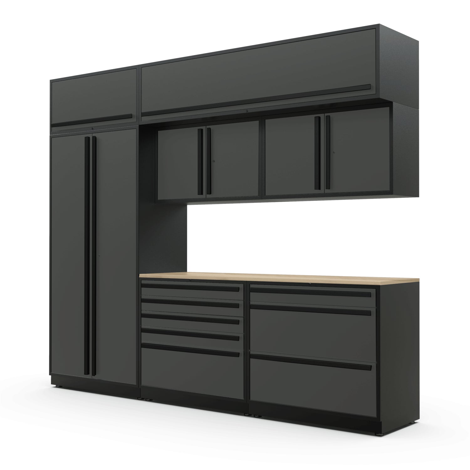 Proslat FusionPlus 10 ft TOOL cabinet set with overheads in Traffic Gray with Black handles and a Maple Wood worktop