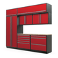 Proslat FusionPlus 10 ft TOOL cabinet set with overheads in Traffic Red with Silver handles and a Maple Wood worktop