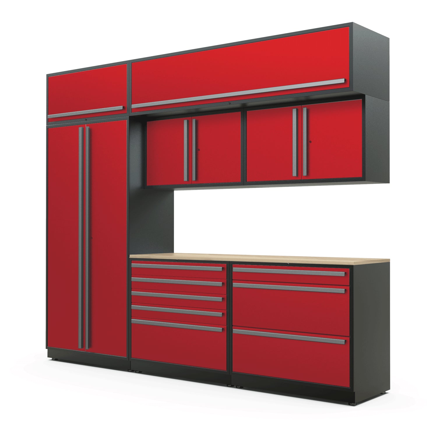 Proslat FusionPlus 10 ft TOOL cabinet set with overheads in Traffic Red with Silver handles and a Maple Wood worktop