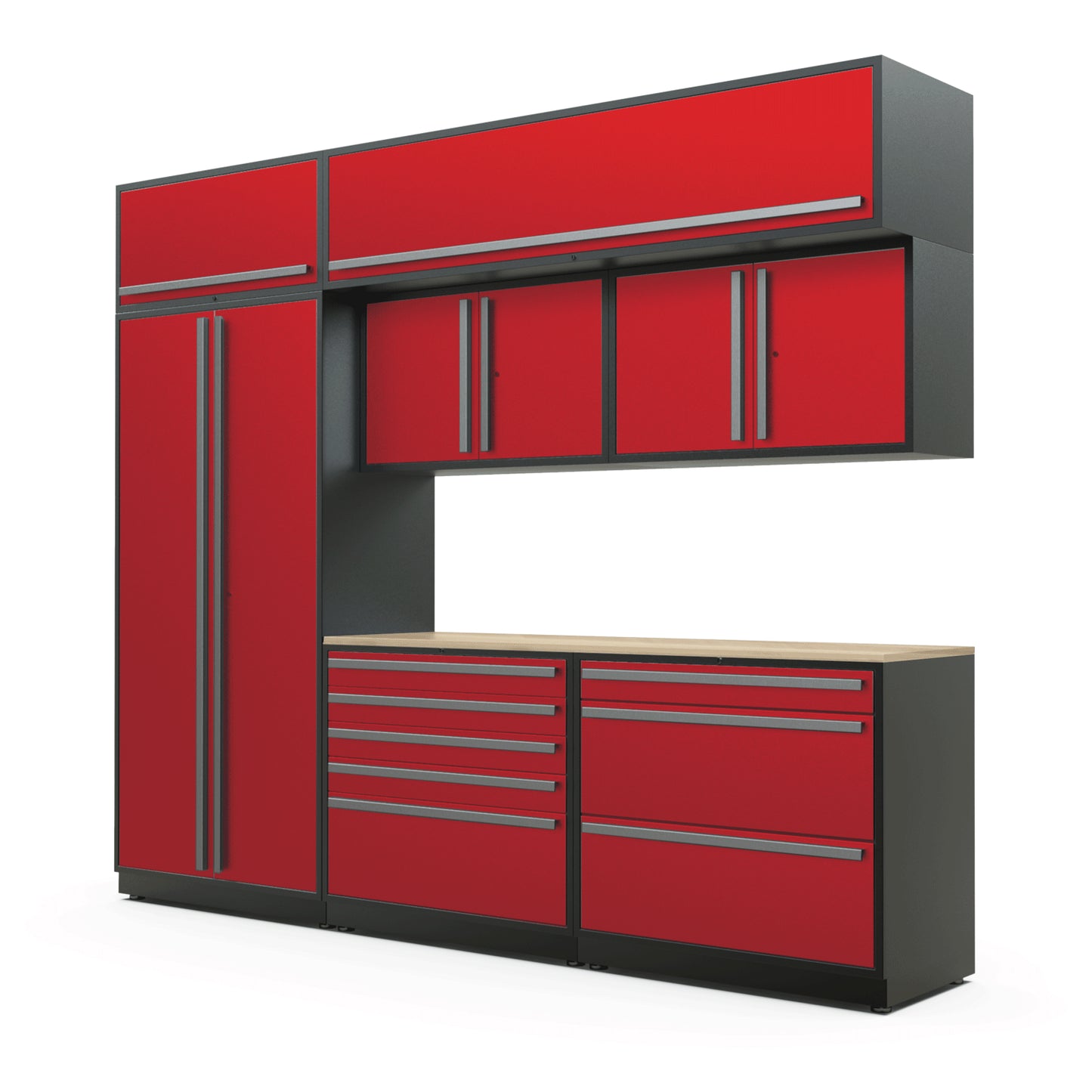 Proslat FusionPlus 10 ft TOOL cabinet set with overheads in Traffic Red with Silver handles and a Maple Wood worktop
