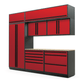 Proslat FusionPlus 10 ft TOOL cabinet set with overheads in Traffic Red with Black handles and a Maple Wood worktop