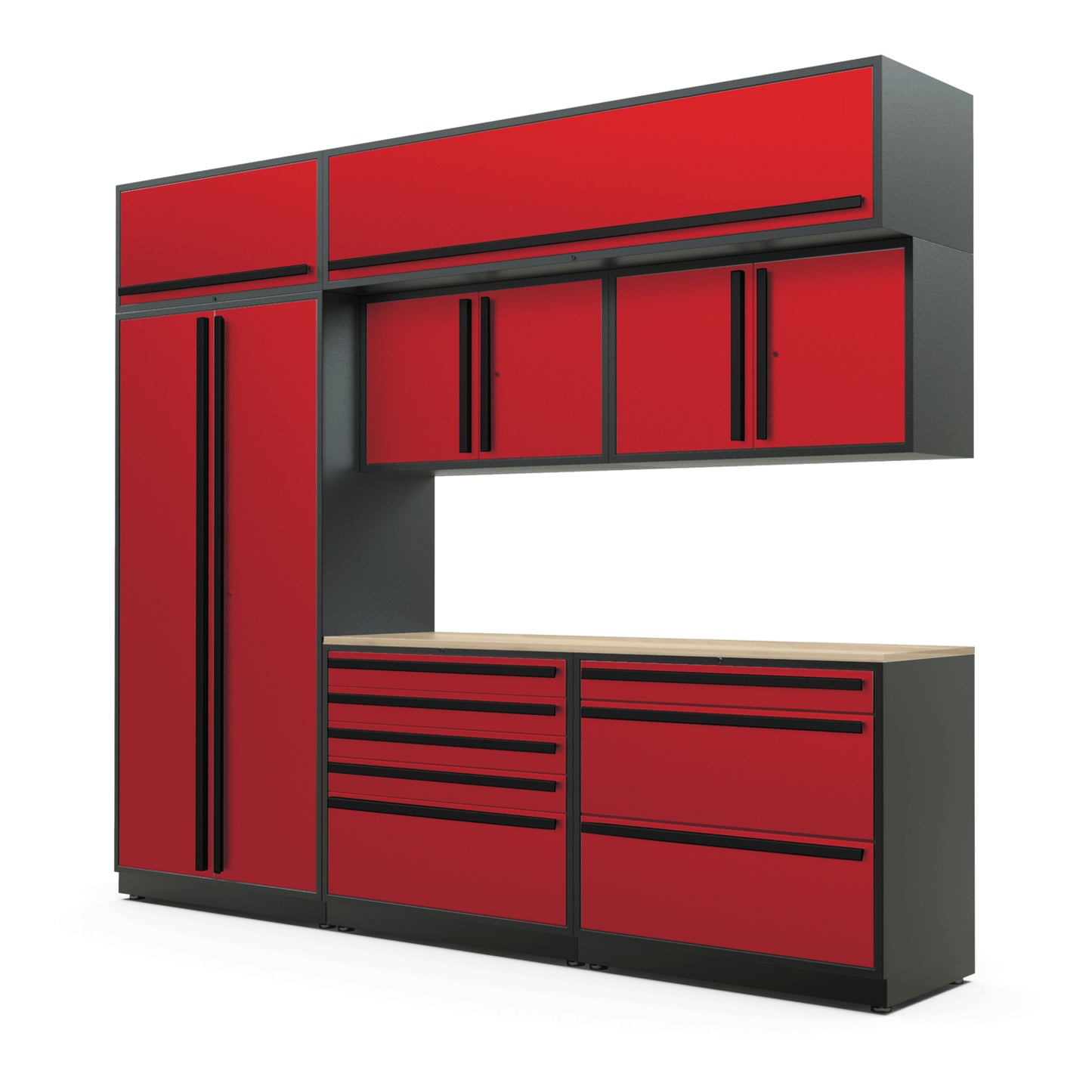 Proslat FusionPlus 10 ft TOOL cabinet set with overheads in Traffic Red with Black handles and a Maple Wood worktop