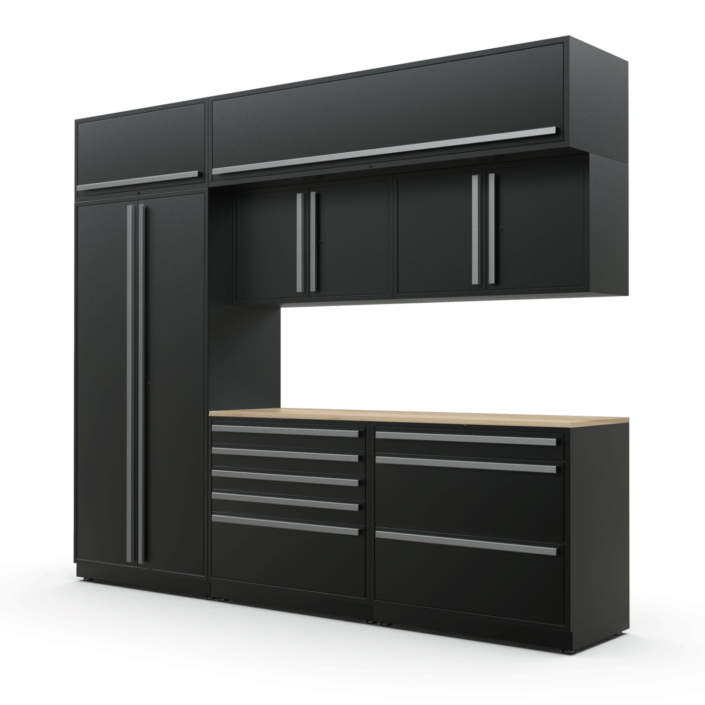 Proslat FusionPlus 10 ft TOOL cabinet set with overheads in Black with Silver handles and a Maple Wood worktop