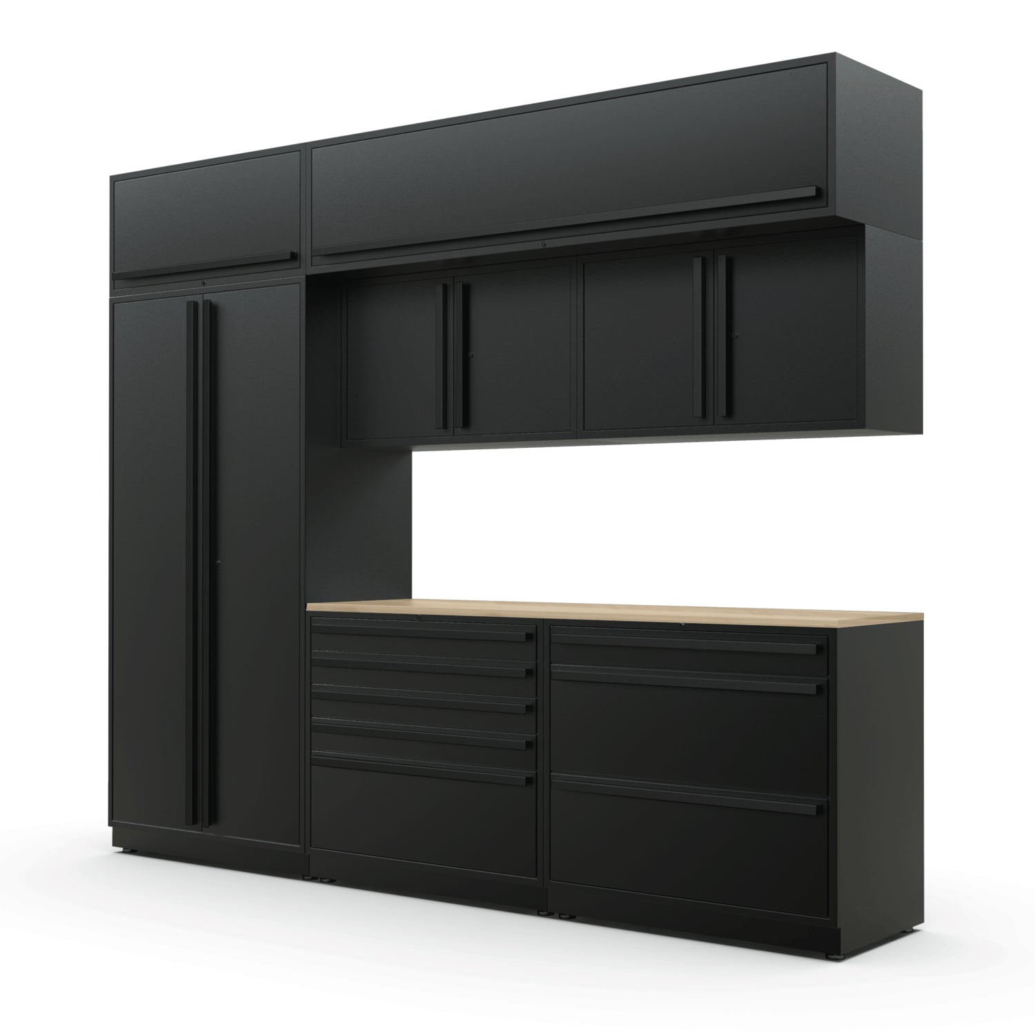 Proslat FusionPlus 10 ft TOOL cabinet set with overheads in Black with Black handles and a Maple Wood worktop