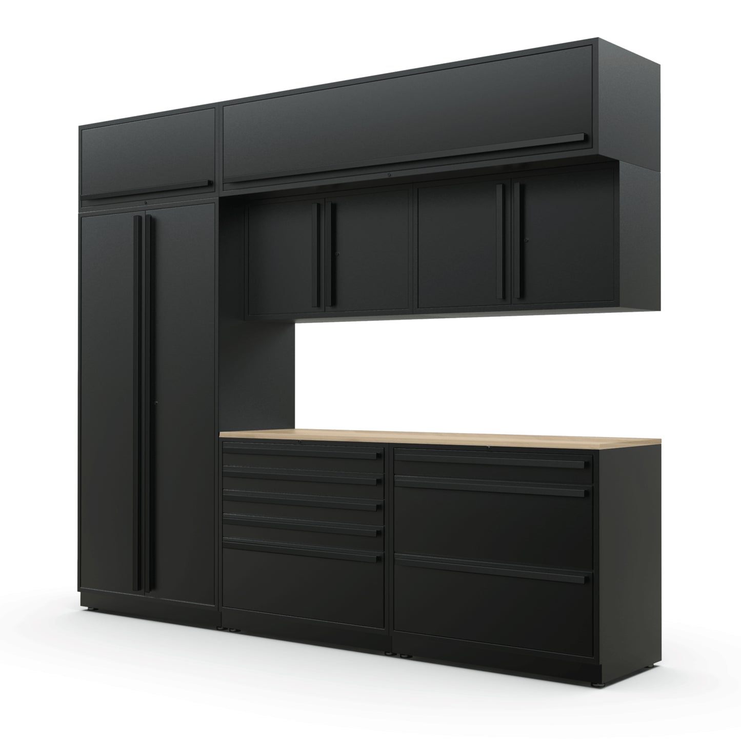 Proslat FusionPlus 10 ft TOOL cabinet set with overheads in Black with Black handles and a Maple Wood worktop