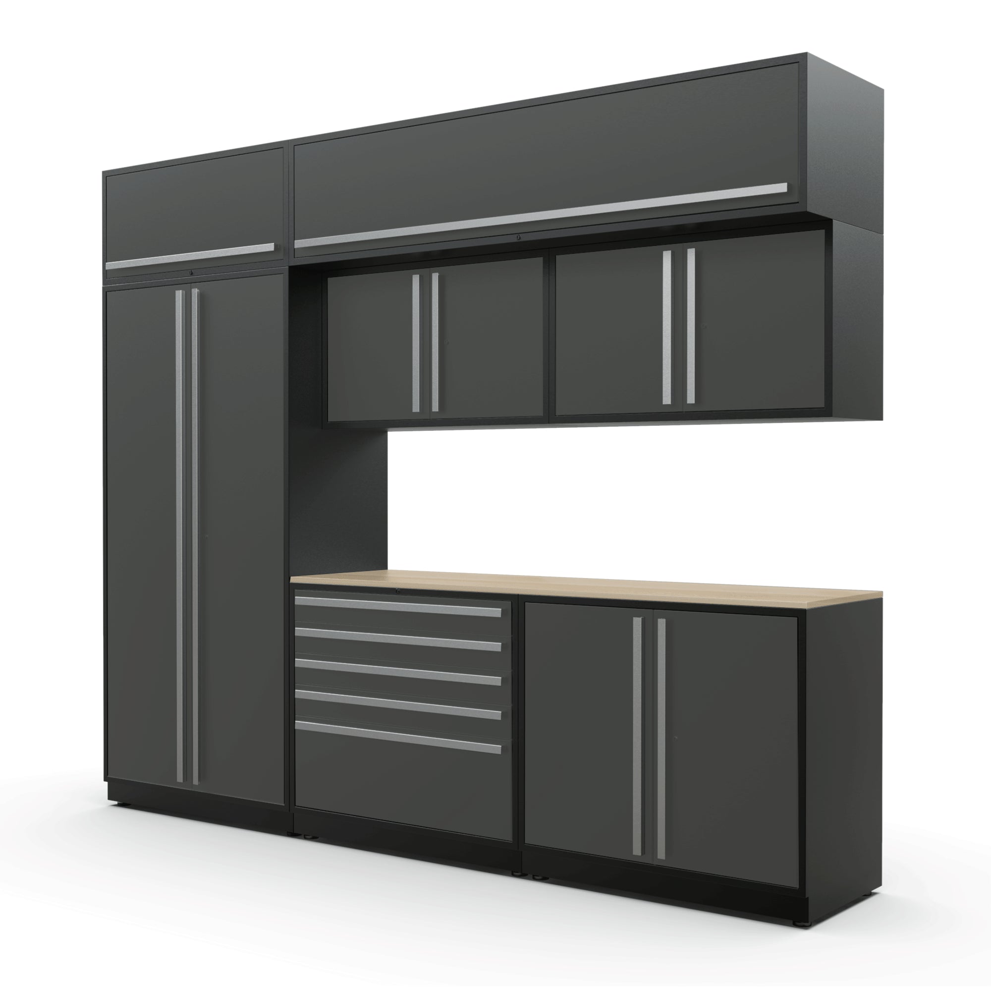 Proslat FusionPlus 10 ft MAX cabinet set with overheads in Traffic Gray with Silver handles and a Maple Wood worktop