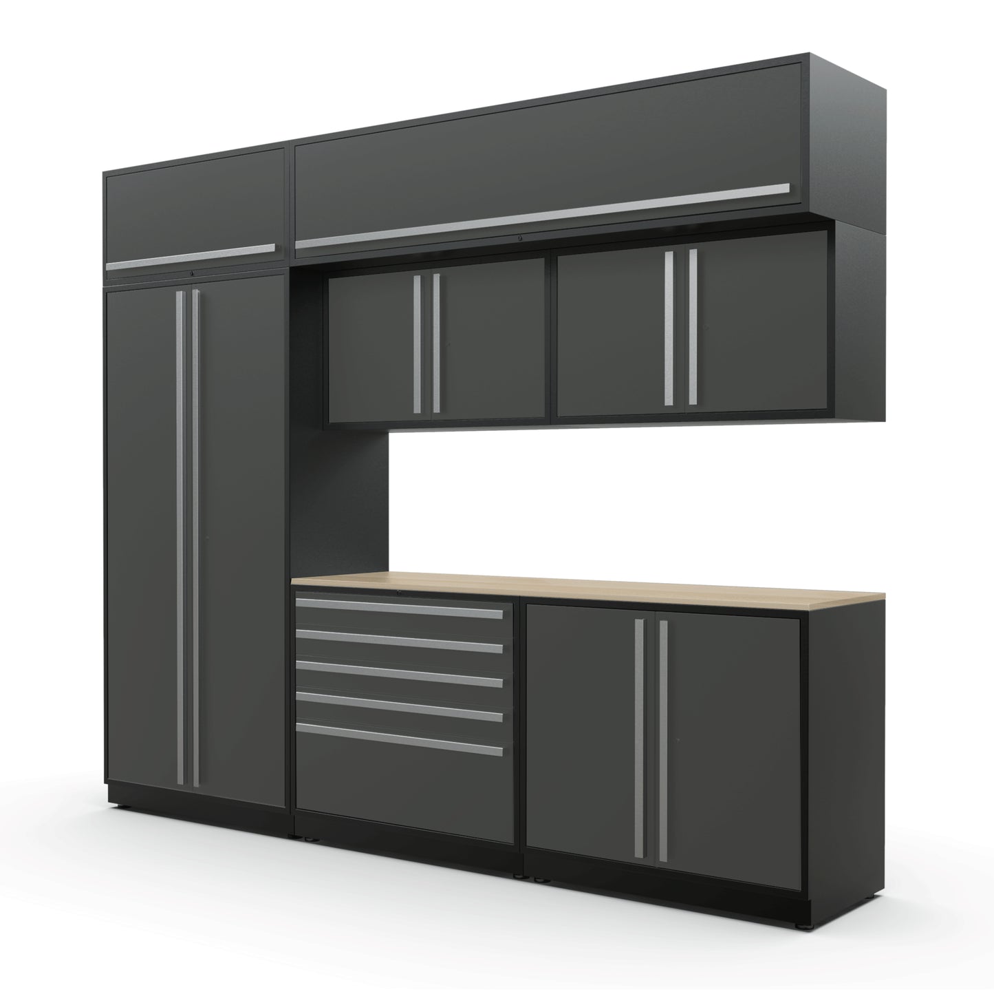 Proslat FusionPlus 10 ft MAX cabinet set with overheads in Traffic Gray with Silver handles and a Maple Wood worktop
