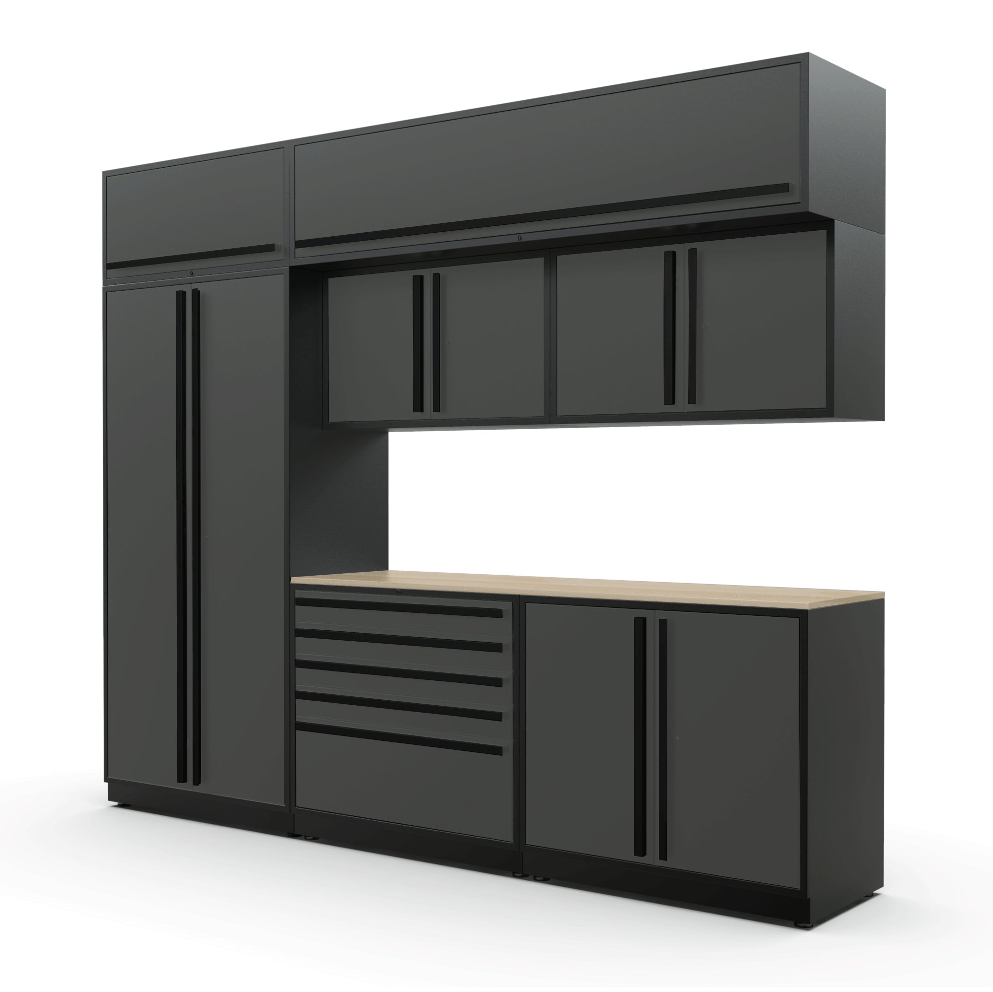 Proslat FusionPlus 10 ft MAX cabinet set with overheads in Traffic Gray with Black handles and a Maple Wood worktop