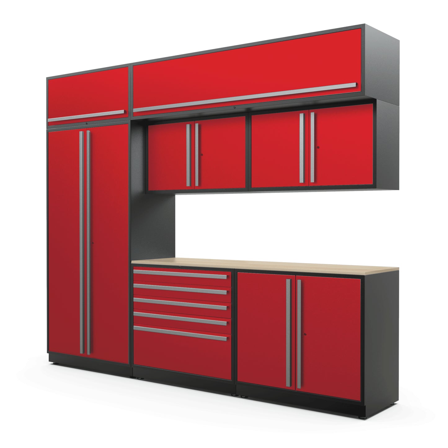 Proslat FusionPlus 10 ft MAX cabinet set with overheads in Traffic Red with Silver handles and a Maple Wood worktop