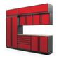 Proslat FusionPlus 10 ft MAX cabinet set with overheads in Traffic Red with Black handles and a Maple Wood worktop