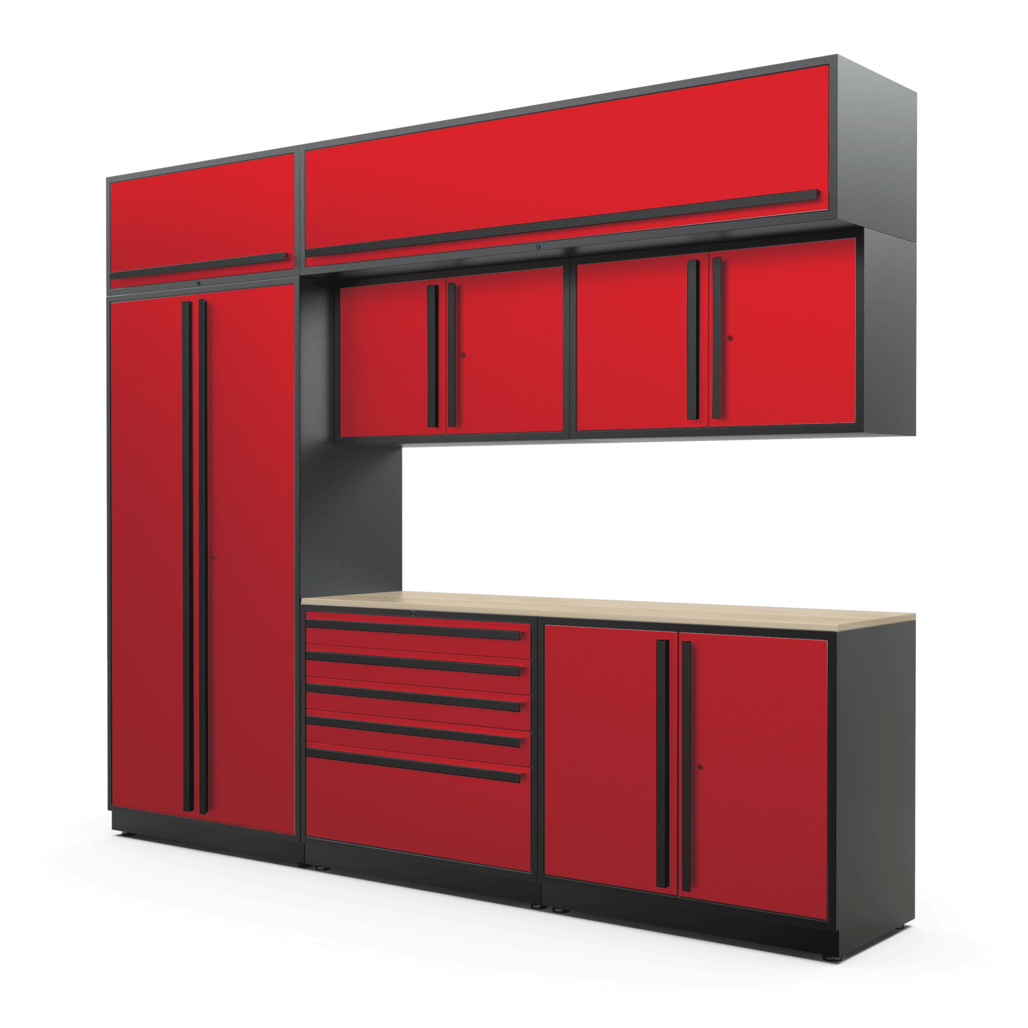Proslat FusionPlus 10 ft MAX cabinet set with overheads in Traffic Red with Black handles and a Maple Wood worktop