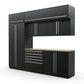 Proslat FusionPlus 10 ft MAX cabinet set with overheads in Black with Silver handles and a Maple Wood worktop