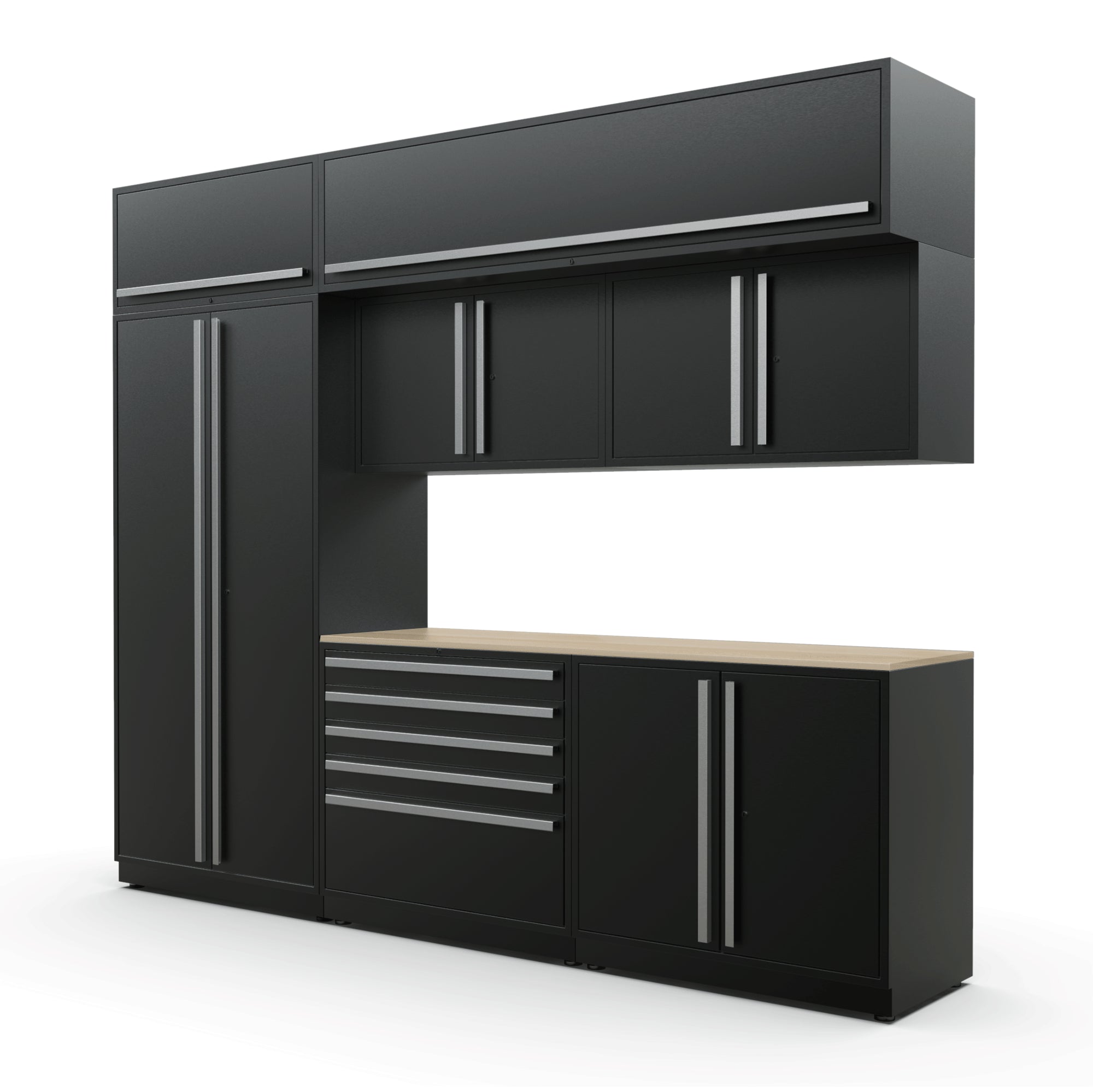 Proslat FusionPlus 10 ft MAX cabinet set with overheads in Black with Silver handles and a Maple Wood worktop