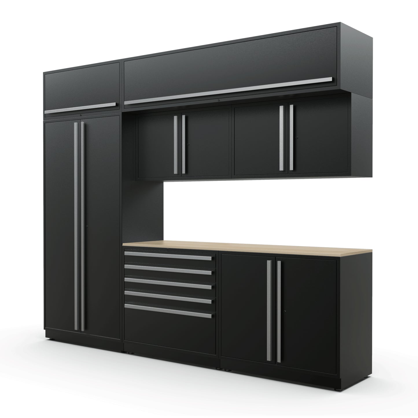 Proslat FusionPlus 10 ft MAX cabinet set with overheads in Black with Silver handles and a Maple Wood worktop