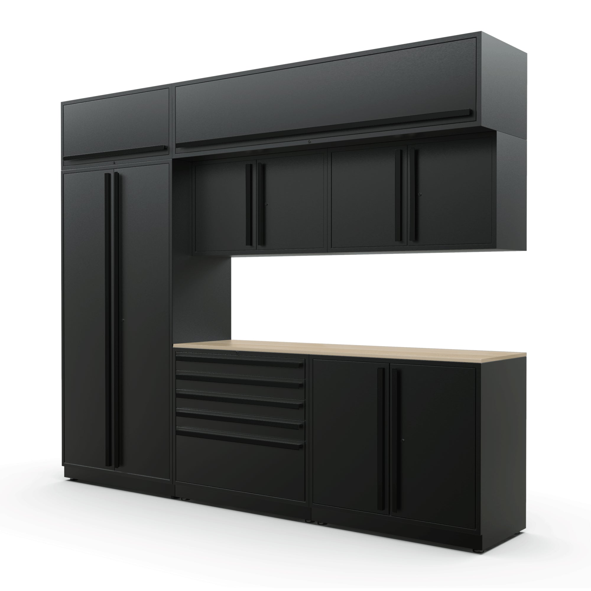 Proslat FusionPlus 10 ft MAX cabinet set with overheads in Black with Black handles and a Maple Wood worktop