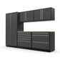 Proslat FusionPlus 10 ft TOOL garage cabinet set in Traffic Gray with Silver handles and a Maple Wood worktop