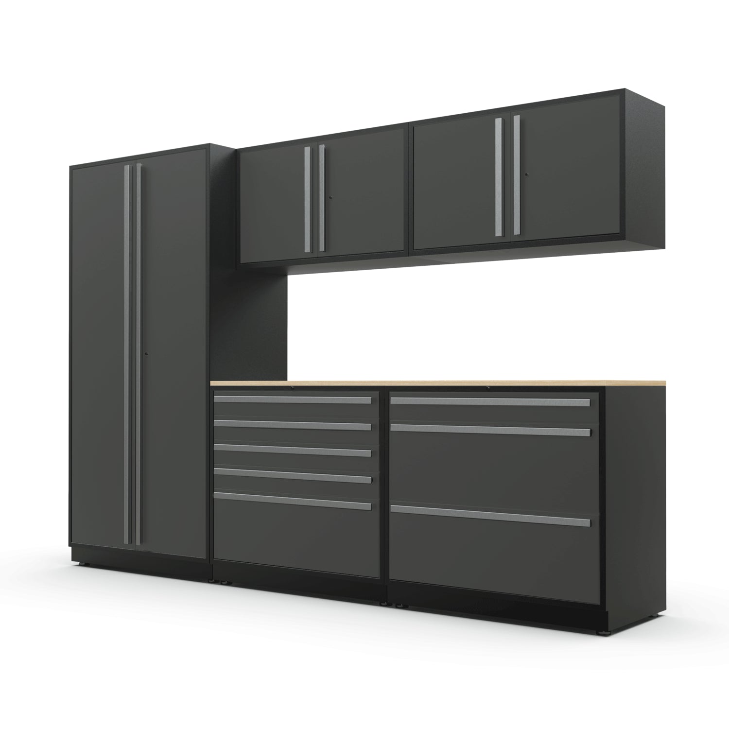 Proslat FusionPlus 10 ft TOOL garage cabinet set in Traffic Gray with Silver handles and a Maple Wood worktop