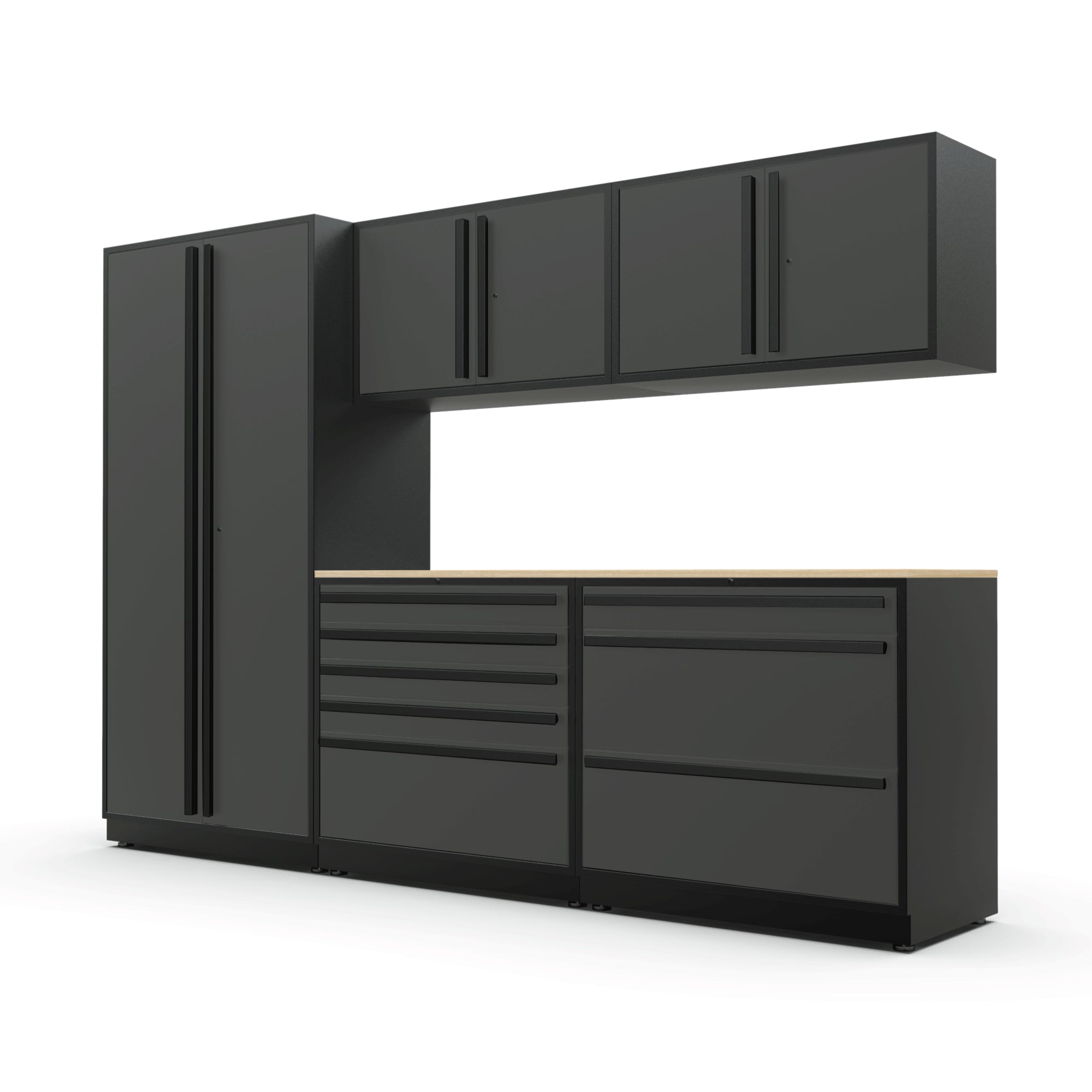Proslat FusionPlus 10 ft TOOL garage cabinet set in Traffic Gray with Black handles and a Maple Wood worktop