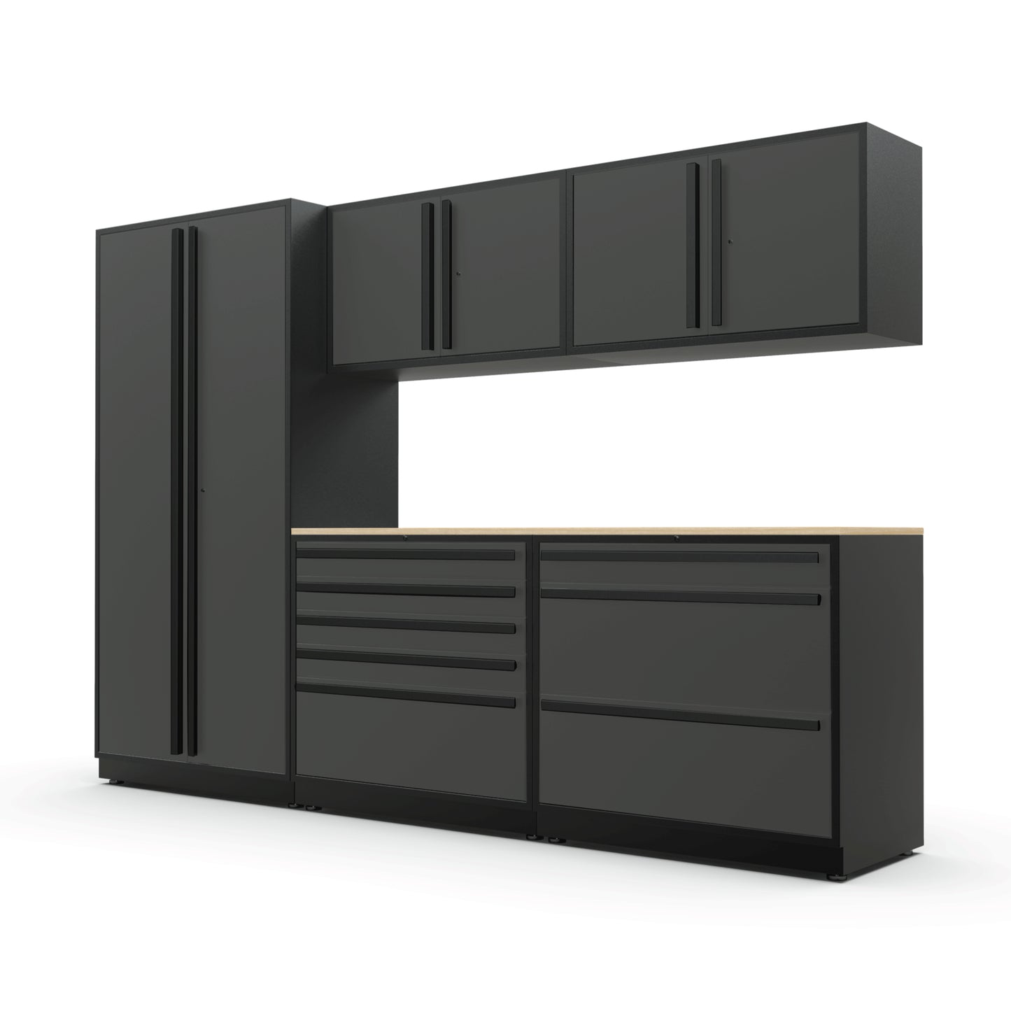 Proslat FusionPlus 10 ft TOOL garage cabinet set in Traffic Gray with Black handles and a Maple Wood worktop