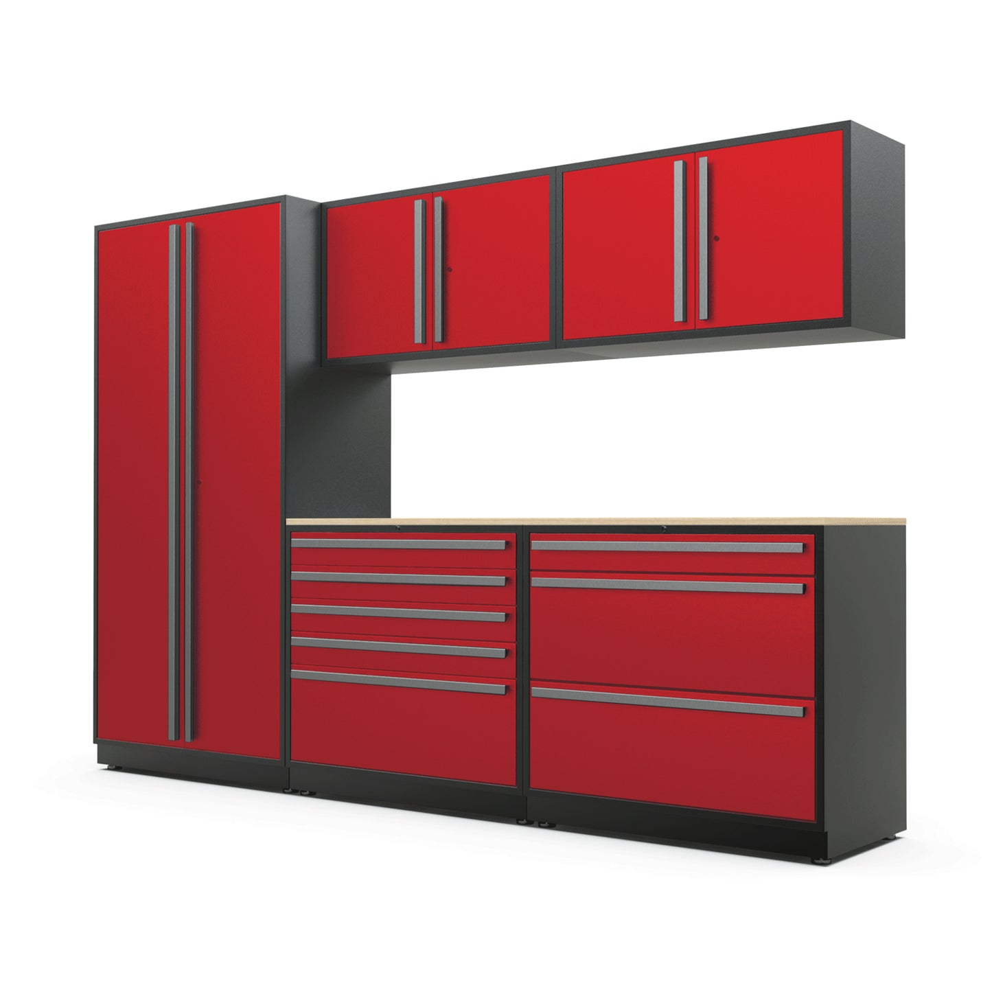 Proslat FusionPlus 10 ft TOOL garage cabinet set in Traffic Red with Silver handles and a Maple Wood worktop