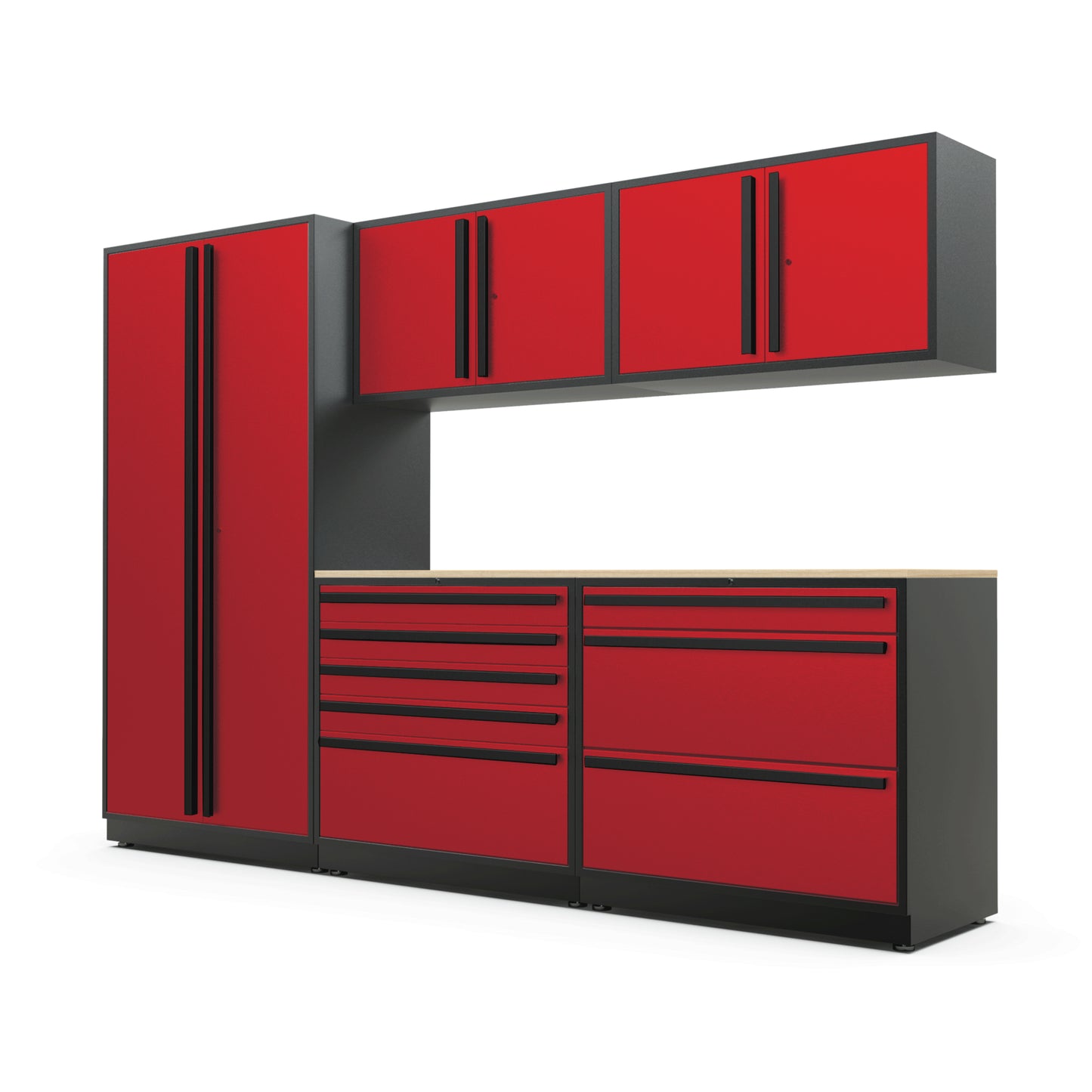 Proslat FusionPlus 10 ft TOOL garage cabinet set in Traffic Red with Black handles and a Maple Wood worktop