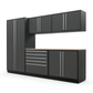 Proslat FusionPlus 10 ft MAX garage cabinet set in Traffic Gray with Silver handles and a Maple Wood worktop