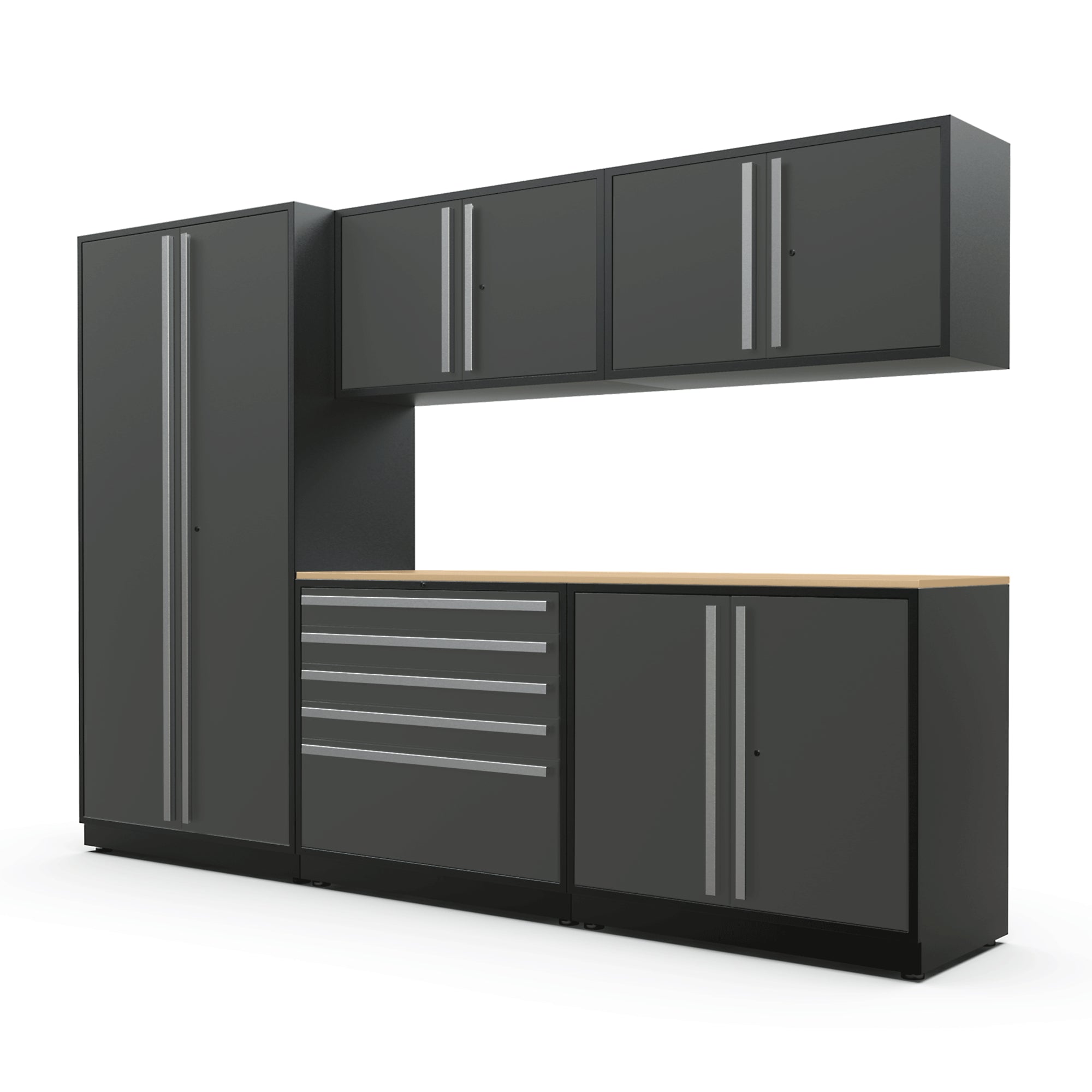 Proslat FusionPlus 10 ft MAX garage cabinet set in Traffic Gray with Silver handles and a Maple Wood worktop