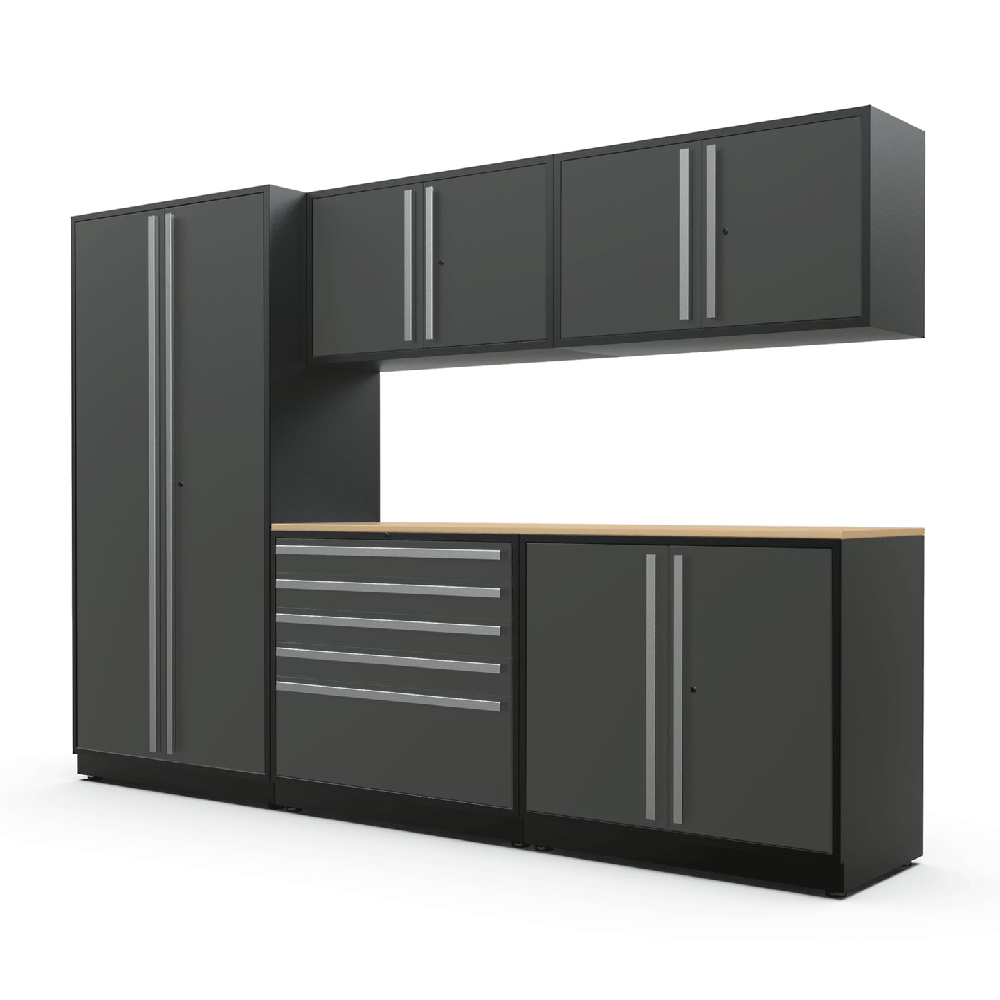 Proslat FusionPlus 10 ft MAX garage cabinet set in Traffic Gray with Silver handles and a Maple Wood worktop