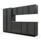 Proslat FusionPlus 10 ft MAX garage cabinet set in Traffic Gray with Black handles and a Maple Wood worktop