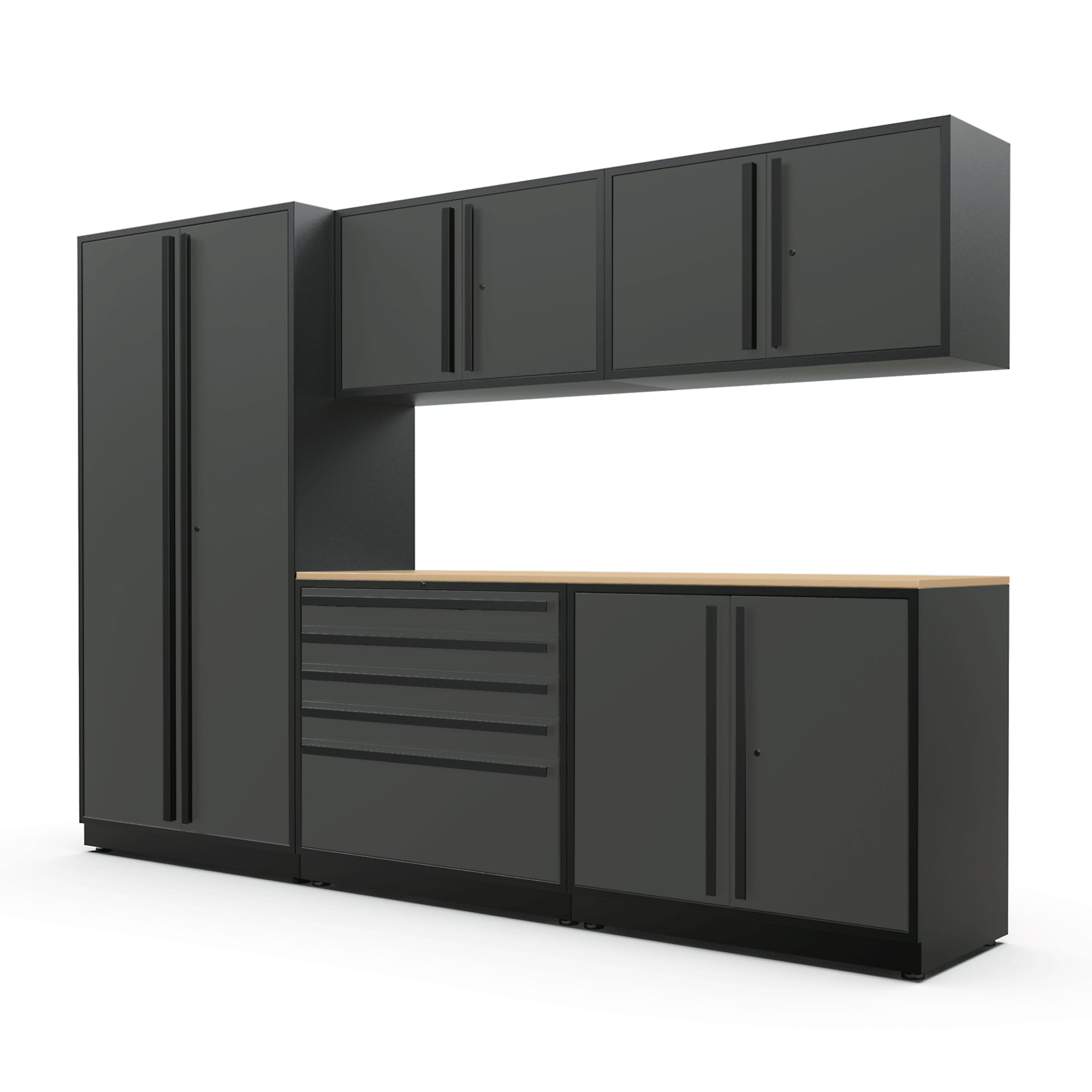 Proslat FusionPlus 10 ft MAX garage cabinet set in Traffic Gray with Black handles and a Maple Wood worktop