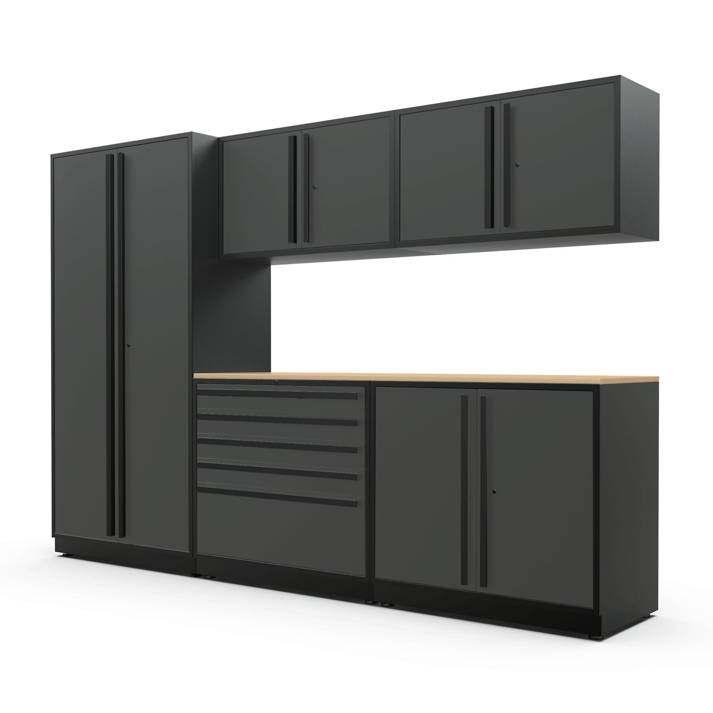 Proslat FusionPlus 10 ft MAX garage cabinet set in Traffic Gray with Black handles and a Maple Wood worktop