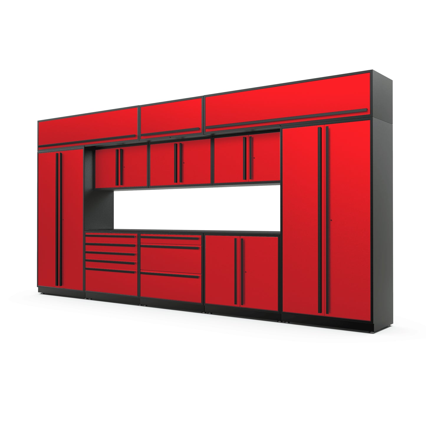 Proslat FusionPlus 16 ft MAX garage cabinet set with overheads in Traffic Red with Black handles and a Stainless Steel worktop