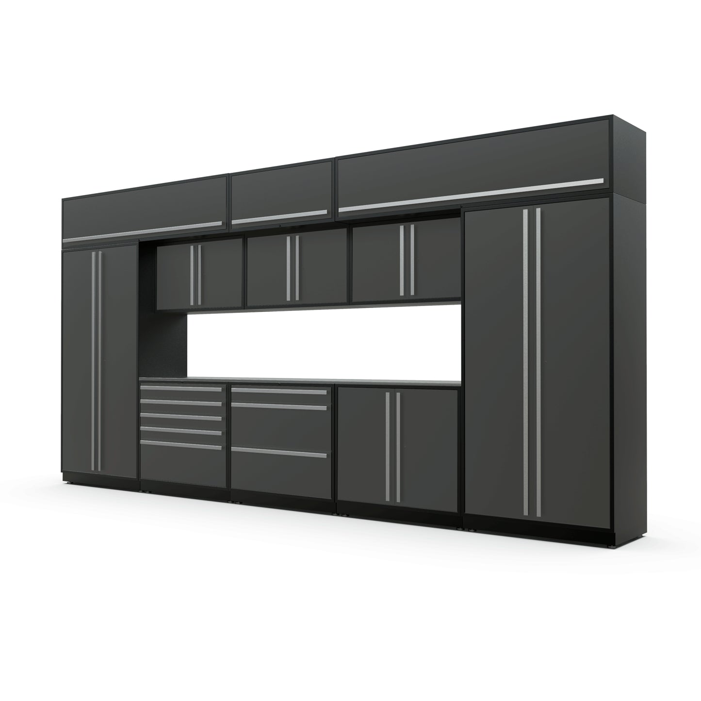 Proslat FusionPlus 16 ft MAX garage cabinet set with overheads in Traffic Gray with Silver handles and a Stainless Steel worktop