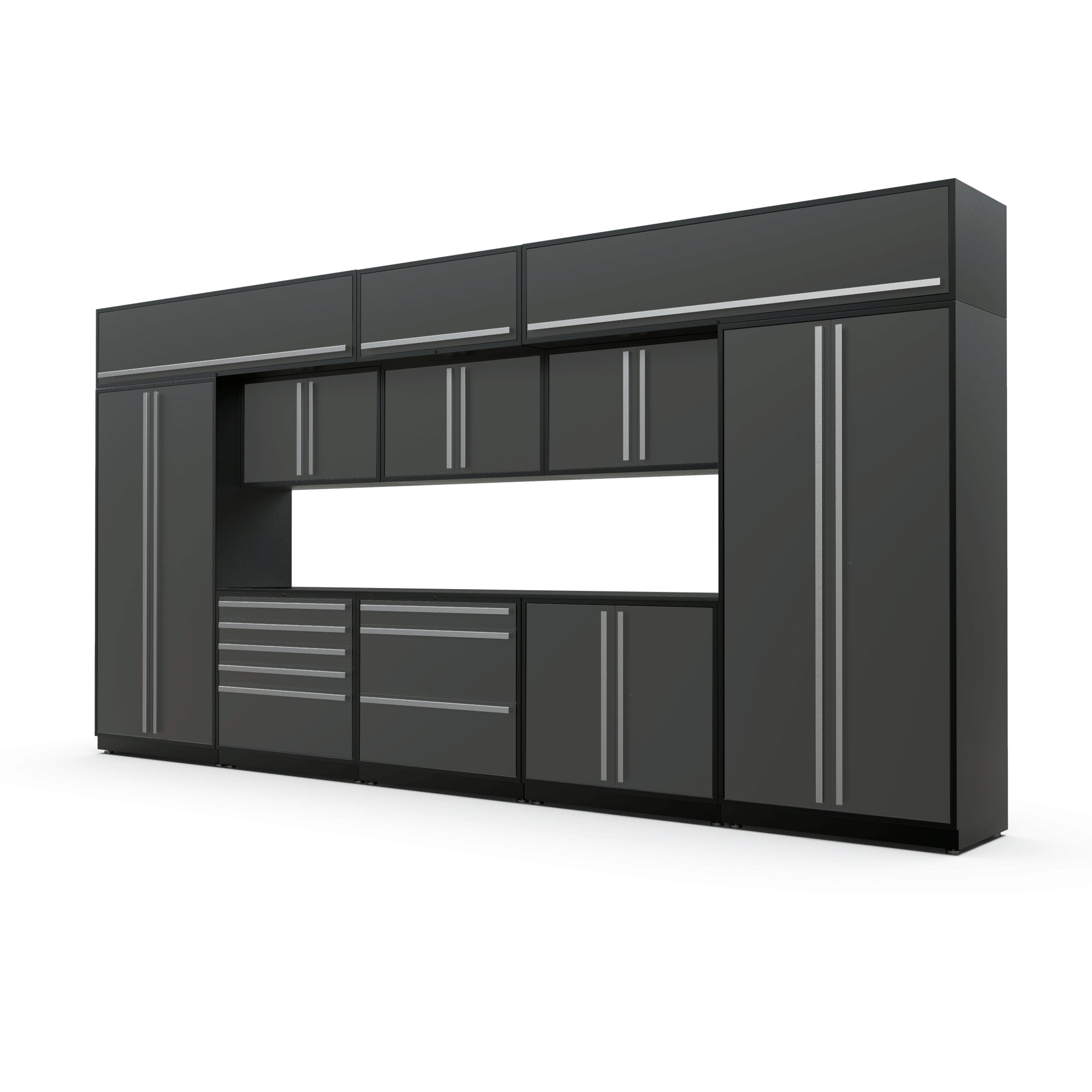 Proslat FusionPlus 16 ft MAX garage cabinet set with overheads in Traffic Gray with Silver handles and a Powder Coated worktop