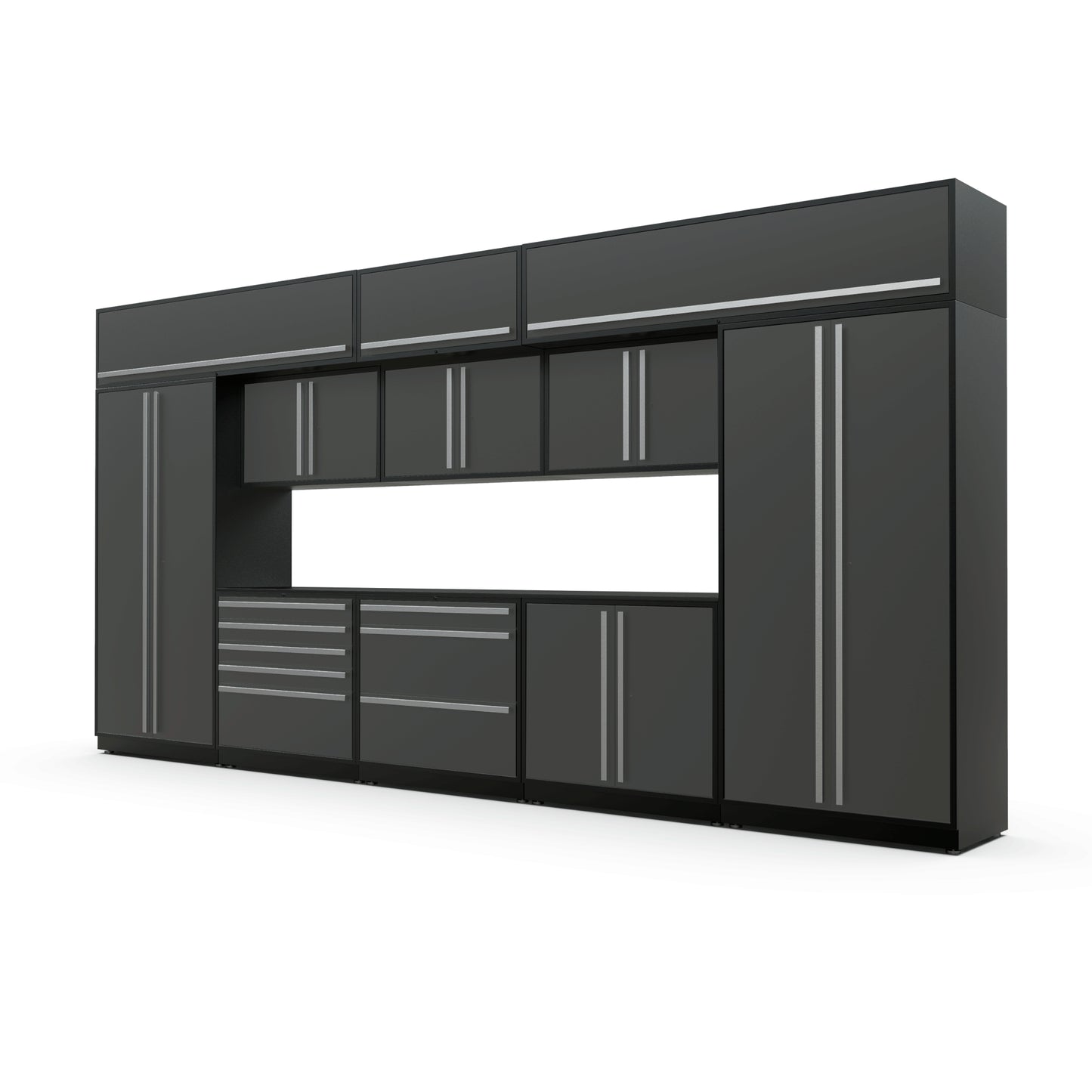 Proslat FusionPlus 16 ft MAX garage cabinet set with overheads in Traffic Gray with Silver handles and a Powder Coated worktop