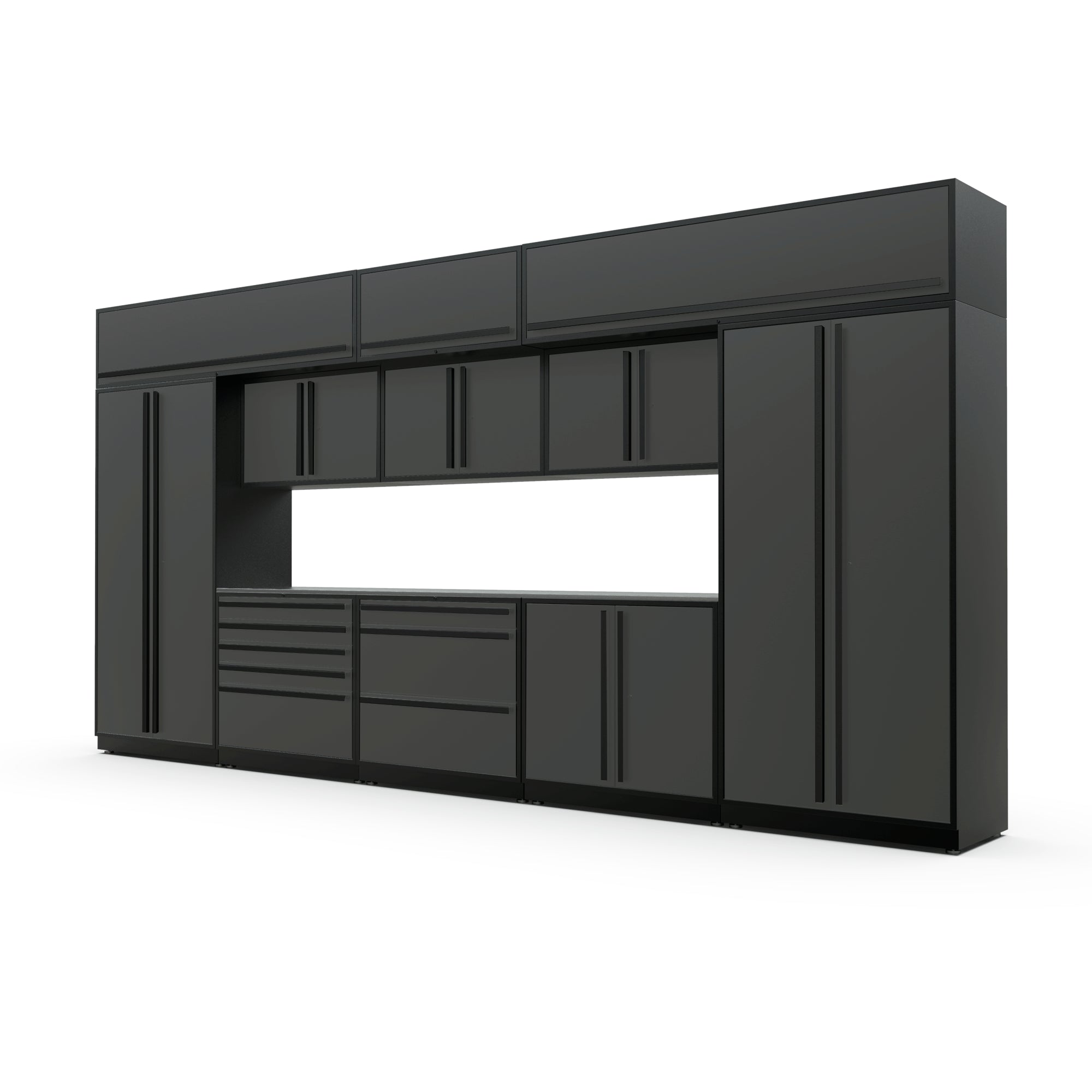 Proslat FusionPlus 16 ft MAX garage cabinet set with overheads in Traffic Gray with Black handles and a Stainless Steel worktop