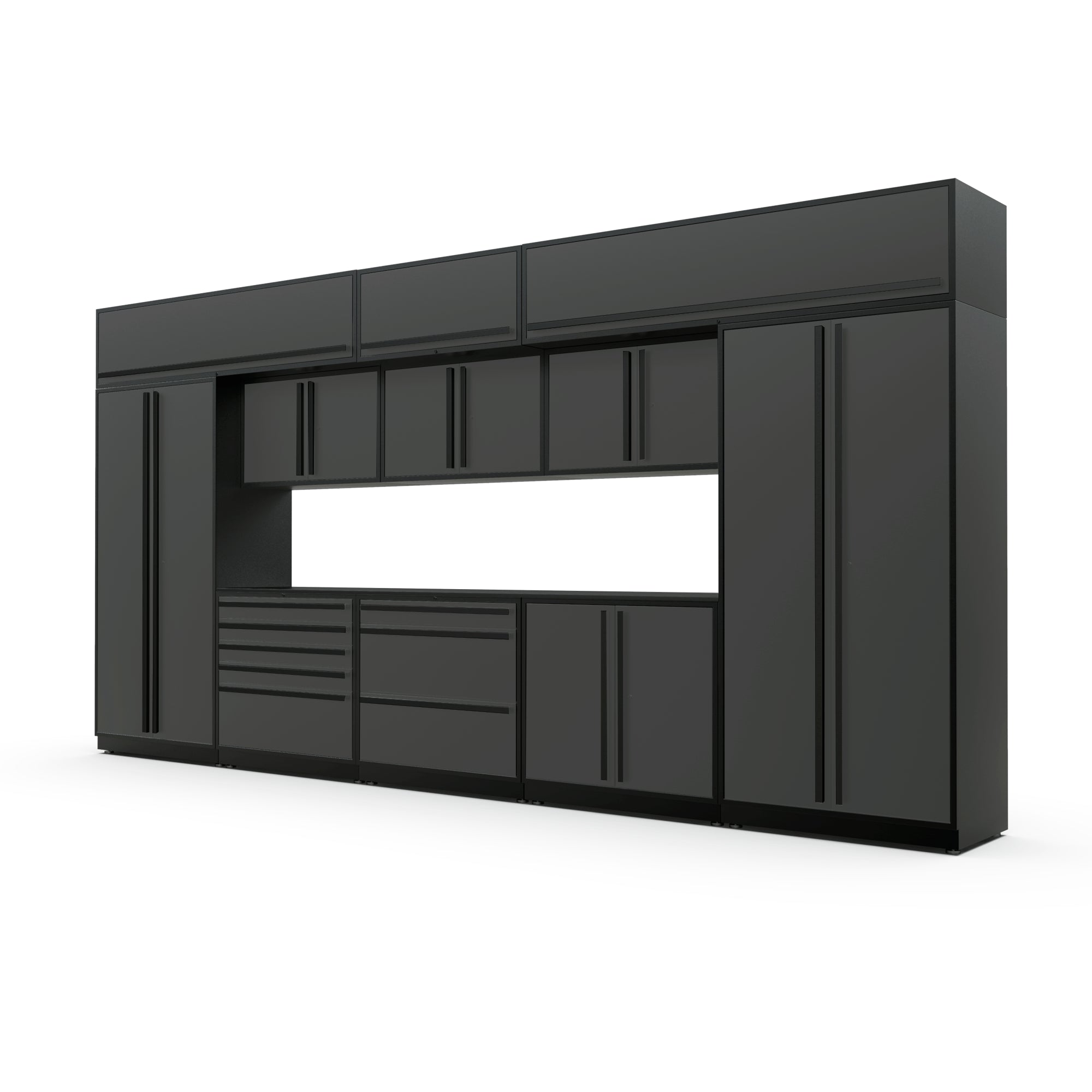 Proslat FusionPlus 16 ft MAX garage cabinet set with overheads in Traffic Gray with Black handles and a Powder Coated worktop