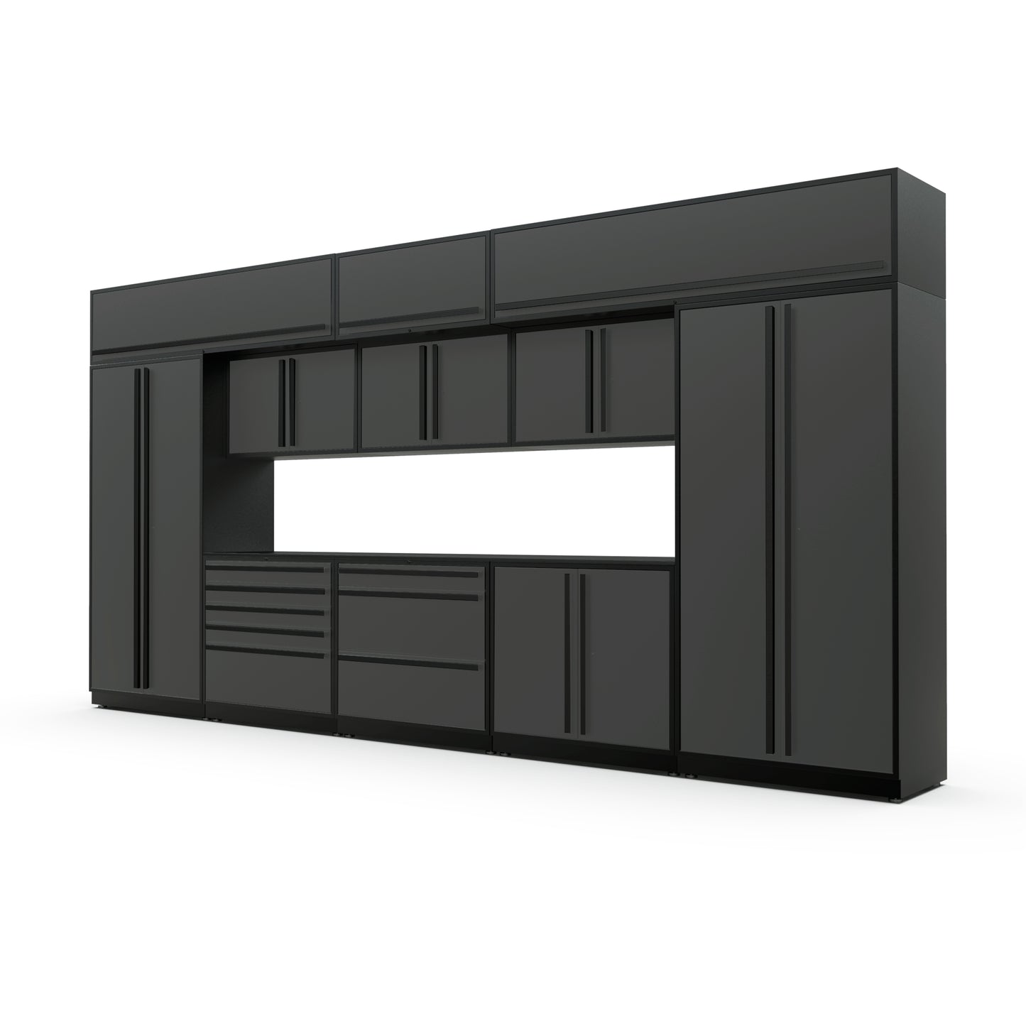 Proslat FusionPlus 16 ft MAX garage cabinet set with overheads in Traffic Gray with Black handles and a Powder Coated worktop