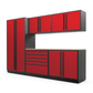Proslat FusionPlus 10 ft MAX garage cabinet set in Traffic Red with Black handles and a Maple Wood worktop