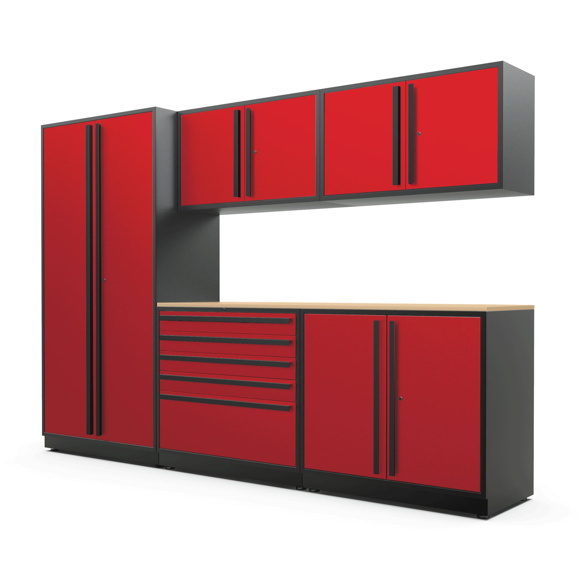 Proslat FusionPlus 10 ft MAX garage cabinet set in Traffic Red with Black handles and a Maple Wood worktop