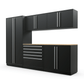 Proslat FusionPlus 10 ft MAX garage cabinet set in Black with Silver handles and a Maple Wood worktop
