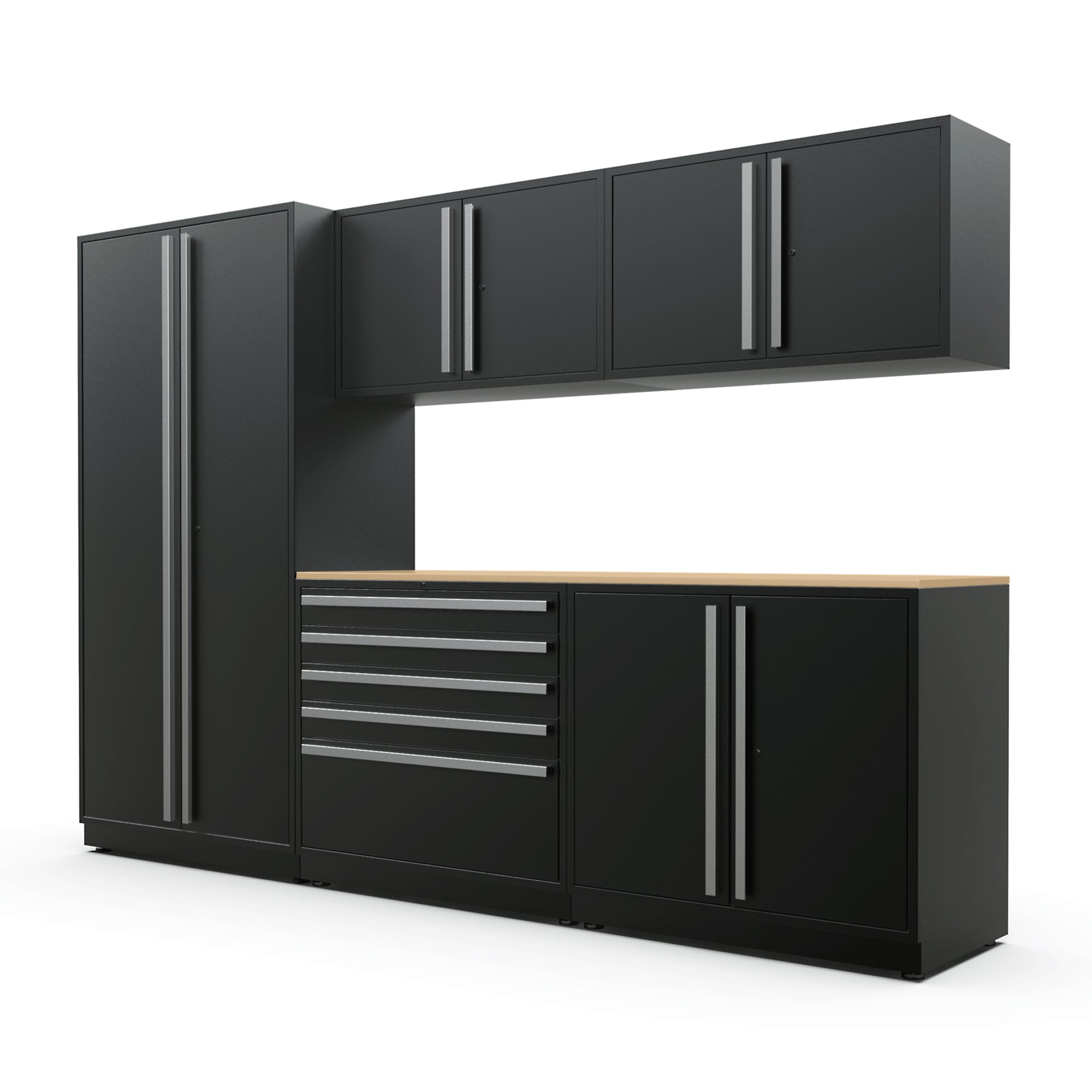 Proslat FusionPlus 10 ft MAX garage cabinet set in Black with Silver handles and a Maple Wood worktop
