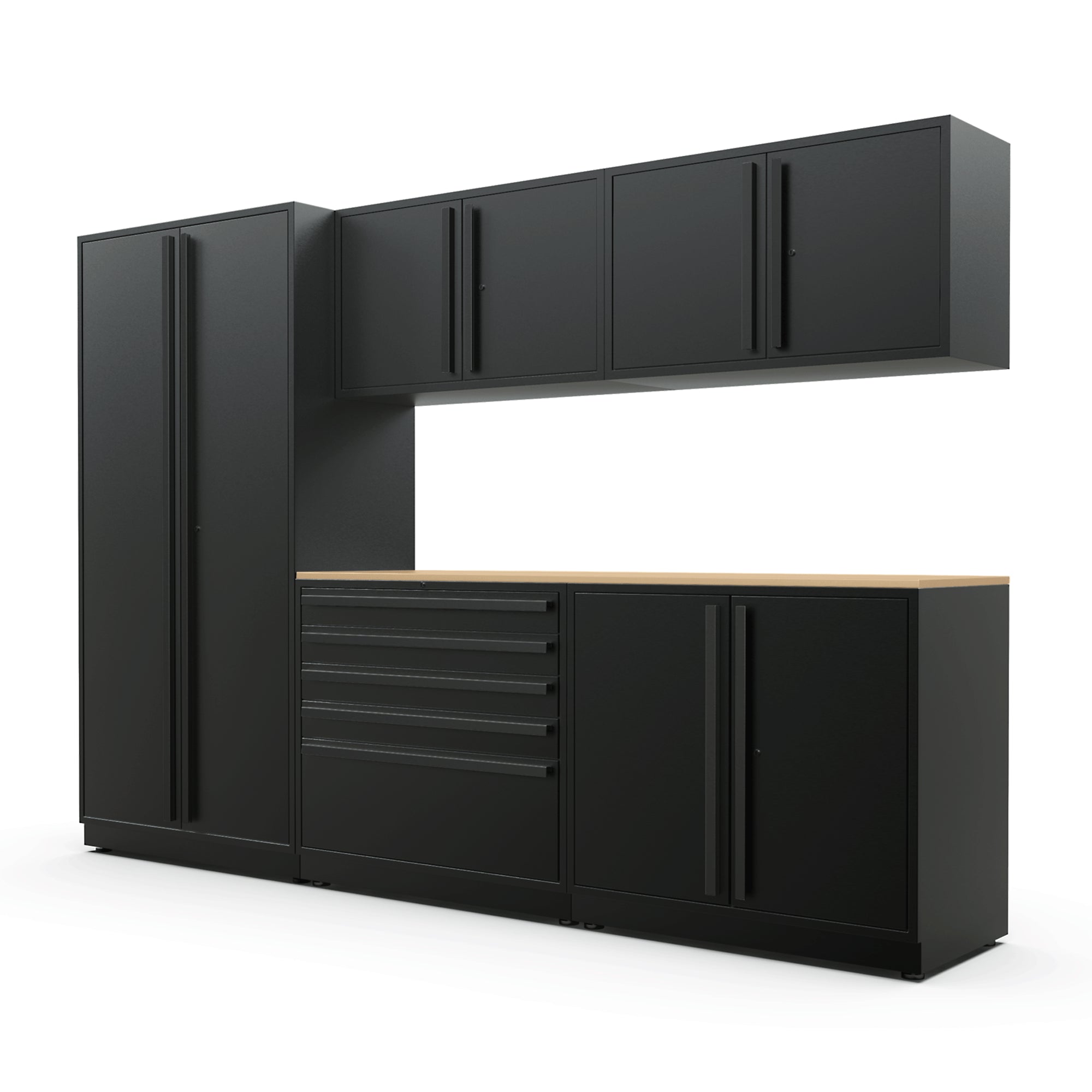 Proslat FusionPlus 10 ft MAX garage cabinet set in Black with Black handles and a Maple Wood worktop