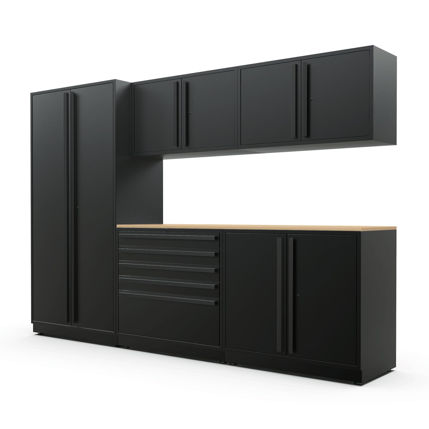 Proslat FusionPlus 10 ft MAX garage cabinet set in Black with Black handles and a Maple Wood worktop