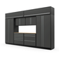 Proslat FusionPlus 13 ft TOOL garage cabinet set with overheads in Traffic Gray with Silver handles and a Maple Wood worktop